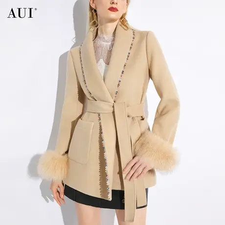 AUI黄色小个子短款毛呢外套女2024秋冬新款高级感狐狸毛呢子大衣商品大图