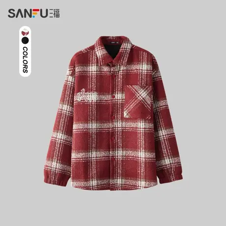 三福2024春季男士哥特字母格纹长衬衫 复古翻领上衣男481192图片