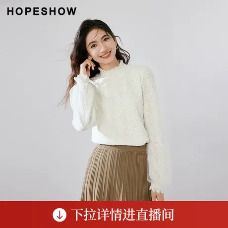 【直播专享】泡泡袖松紧打揽蕾丝立领上衣90123382001红袖图片