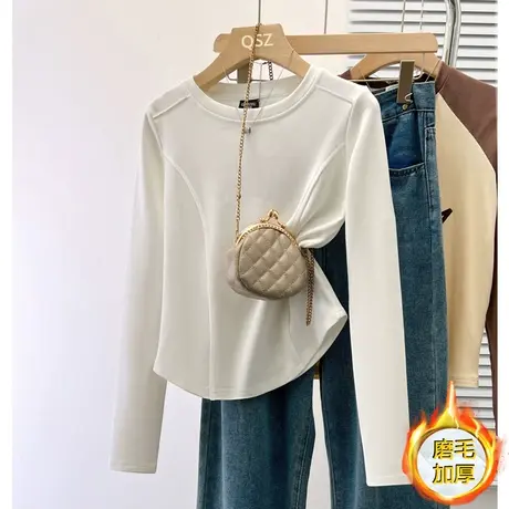 正肩磨毛打底衫女秋冬新款圆领长袖t恤洋气小众欧货内搭鱼骨上衣图片