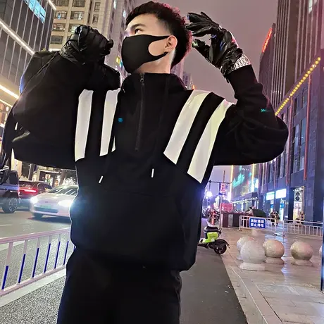 设计感连帽半拉链卫衣男春季新款潮牌外套拼色条纹套头打底衫上衣商品大图