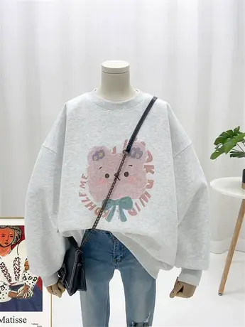 2024春季韩版新品女士卡通减龄印花小熊圆领胖MM宽松卫衣洋气外套商品大图