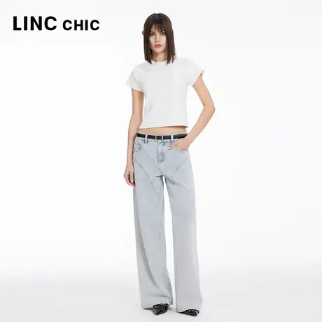LINCCHIC金羽杰牛仔裤子女款高腰阔腿裤烫钻直筒牛仔裤女JE134Y商品大图