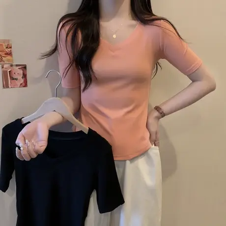 纯棉V领打底小衫女内搭外穿短款半袖上衣韩版修身显瘦短袖T恤潮图片