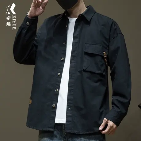希越美式工装轻酵洗衬衫男2024春季宽松大码男士外套黑色纯棉夹克图片
