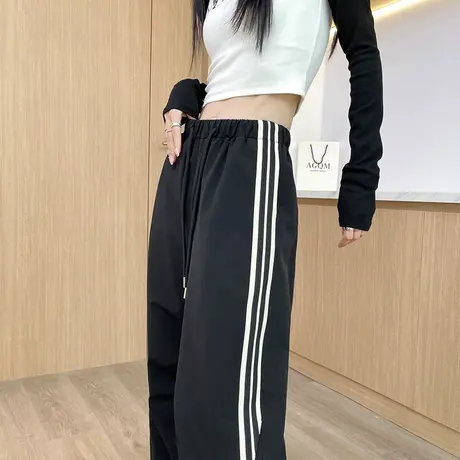 美式工装阔腿裤女春秋季新款高腰显瘦多口袋宽松条纹束脚运动卫裤图片