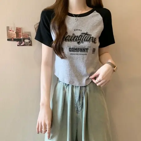 美式复古拼色短袖T恤女夏季2024新款修身显瘦短款内搭打底衫上衣商品大图