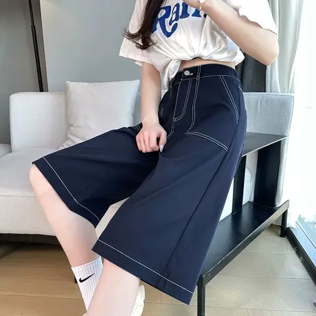 休闲五分裤女中裤春夏薄款高腰宽松显瘦宽松直筒裤小个子阔腿短裤图片