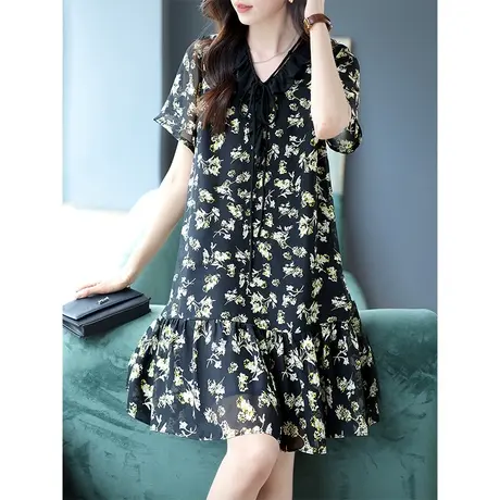 宝诗黎系带V领中长雪纺碎花裙子2024夏季新款短袖休闲减龄连衣裙图片