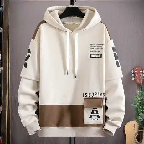 假两件卫衣男春秋款字母印花连帽外套男潮牌上衣青少年运动套头衫商品大图