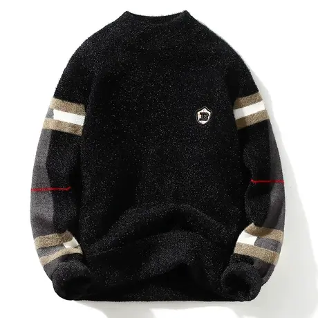 港士博仿水貂毛绣花毛衣男加厚保暖半高领打底衫圆领针织衫毛线衣商品大图