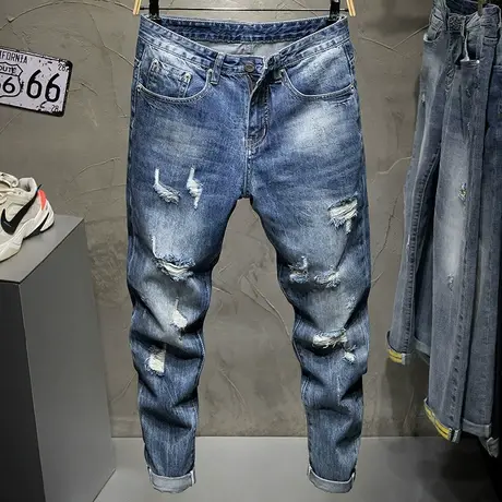 九分牛仔裤男秋季新款修身小脚破洞复古潮牌五袋款中腰青少年9分商品大图