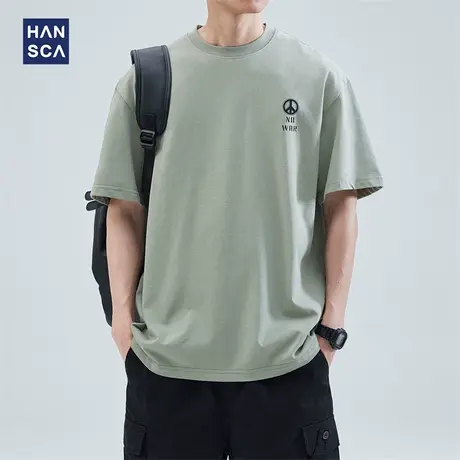 hansca 夏季重磅短袖t恤男潮牌圆领宽松纯棉美式休闲大码印花上衣商品大图