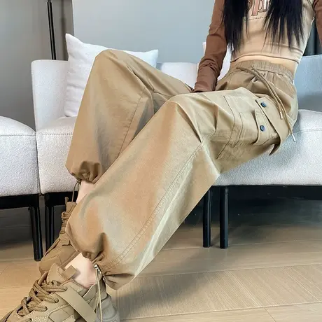 美式高街复古工装裤女春夏新款高腰宽松休闲设计感抽绳束脚运动裤商品大图