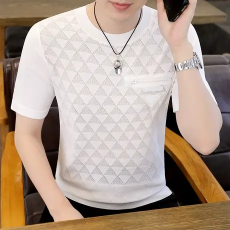 针织短袖男t恤夏季薄款透气网眼上衣圆领半袖冰丝爽滑凉感体恤衫商品大图
