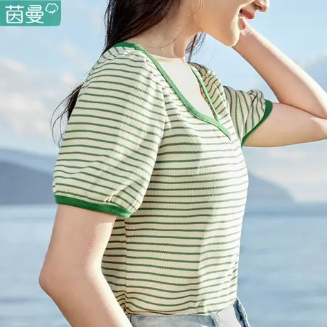 茵曼旗舰店清仓条纹T恤女款2024夏季新款短袖别致漂亮短款小个子商品大图