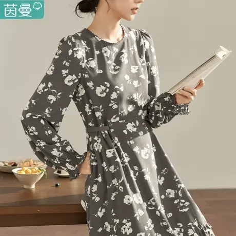 茵曼官方旗舰店2024春女装新款复古文艺塔裙印花宽松长袖连衣裙商品大图