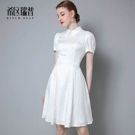 希区瑞普高端法式泡泡袖连衣裙女2023新款夏季白色气质千鸟格裙子图片