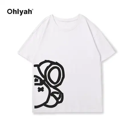 Ohlyah线条倒立小熊印花短袖女2023夏季新款宽松纯棉正肩圆领T恤商品大图
