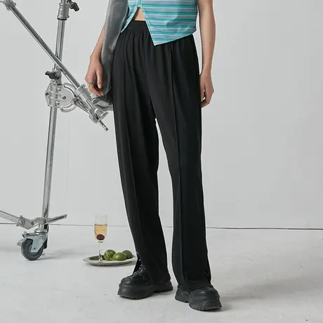 omont蛋挞家 复古抽绳直筒裤女夏季薄款垂感拖地裤显瘦微喇裤长裤图片