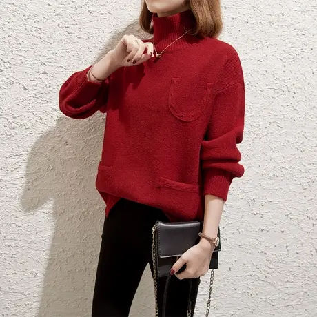 高领红色毛衣女加厚打底衫2023秋冬新款套头针织衫内搭麻花针织衫商品大图