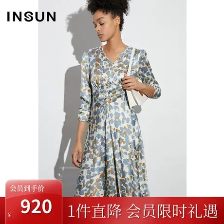 恩裳COVER2023春款新款法式抽褶重磅真丝几何彩色抽象印花连衣裙图片