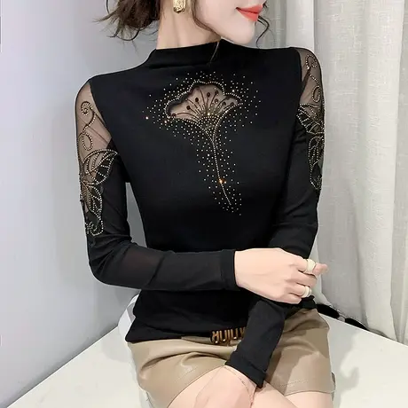 半高领打底衫女秋冬新款网纱拼接刺绣长袖T恤紧身内搭上衣洋气潮商品大图