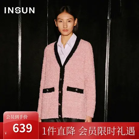 [小香风系列]恩裳COVER2023秋门襟撞色蝴蝶纱羊毛混纺牙刷毛开衫商品大图