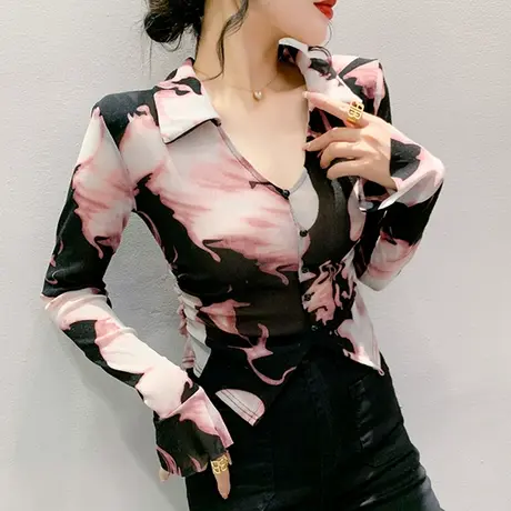 欧货薄款网纱防晒衫女长袖性感微透上衣漂亮印花T恤高腰短款小衫商品大图