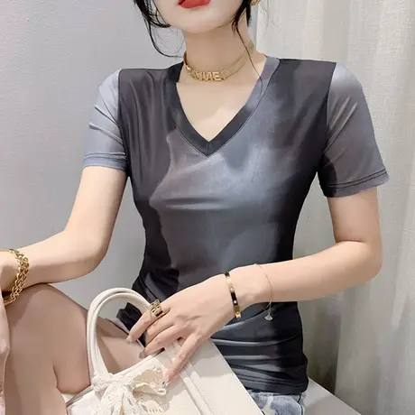 欧货性感V领网纱T恤女短袖夏装新款扎染印花小衫别致洋气修身上衣商品大图