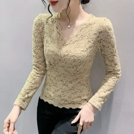 性感高腰蕾丝上衣女2023春秋新款洋气V领长袖一下紧身显瘦小衫ins图片
