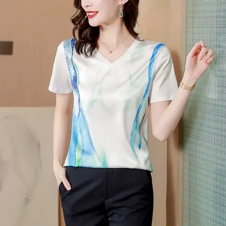 真丝t恤女2023夏季新款休闲简约印花v领气质短袖女士宽松缎面上衣商品大图