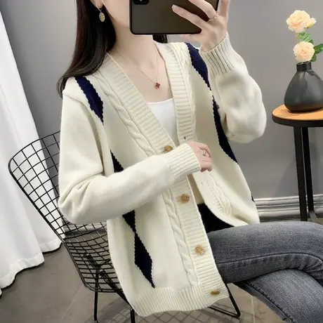 v领撞色菱格针织开衫女秋冬外穿显瘦麻花百搭宽松长袖毛衣外套女商品大图