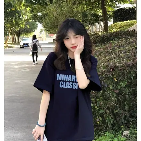藏蓝色美式复古字母短袖t恤女夏纯棉情侣高街设计感小众上衣潮牌商品大图