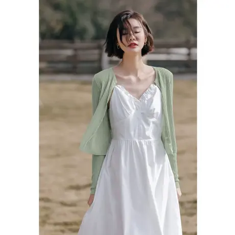 弥古绿色v领冰丝针织衫女夏季薄款防晒小开衫披肩吊带裙外搭罩衫商品大图