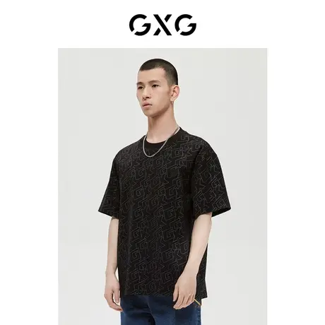 GXG男装 商场同款沉静棕系列黑色潮流印花短袖T恤 22年冬季新品商品大图