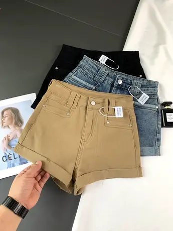 复古卷边牛仔短裤女2023夏季新款显瘦百搭高腰阔腿裤弹力辣妹热裤商品大图