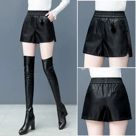 黑色皮裤女短裤2023年秋冬新款女士百搭阔腿靴裤外穿松紧腰pu裤子图片