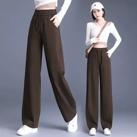 咖色休闲运动裤女2023秋季新款阔腿裤女士春秋裤子宽松直筒卫裤图片