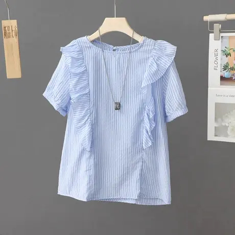 文艺清新圆领短袖荷叶边条纹衬衫女夏季新款洋气泡泡袖别致上衣薄图片