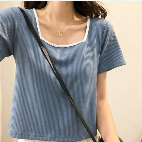 ins超火设计感方领短袖T恤女夏韩版潮小众短款高腰露脐宽松上衣服商品大图
