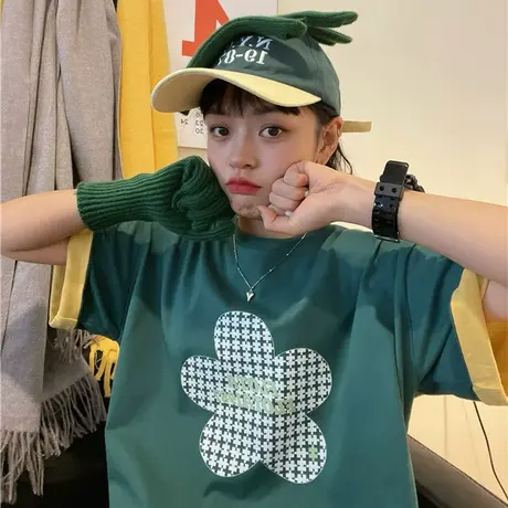 红续纯棉t恤女复古卡通格子小花图案港味学生宽松圆领短袖上衣潮图片