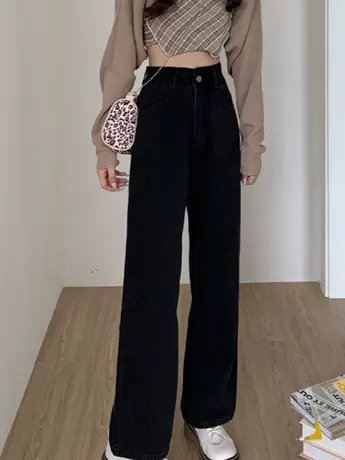 清仓捡漏2023年新款春秋高腰小个子阔腿牛仔裤女宽松直筒裤子潮图片