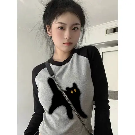 撞色拼接T恤长袖女初秋洋气减龄百搭修身显瘦设计感小众别致上衣图片