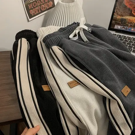 灯芯绒阔腿裤女秋冬加绒加厚宽松百搭潮流高街直筒裤子休闲运动裤商品大图