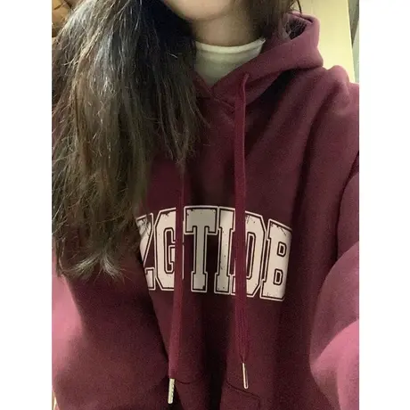 原创小众设计感字母卫衣女秋冬加绒加厚ins潮牌宽松大码红色外套商品大图