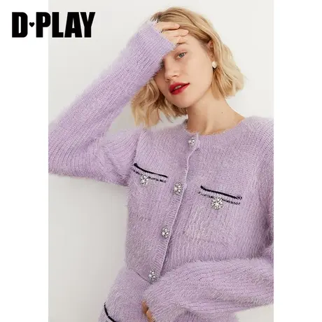 DPLAY【黑标】年秋装新ins风紫色泡泡袖圆领羽毛纱针织开衫商品大图