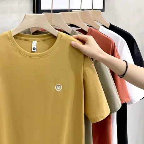 纯色短袖T恤男夏季潮牌圆领宽松刺绣休闲上衣半袖体恤男士白色T恤商品大图