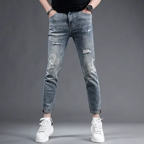 夏季薄款破洞牛仔裤男款修身小脚九分裤字母印花潮流男生牛仔裤商品大图