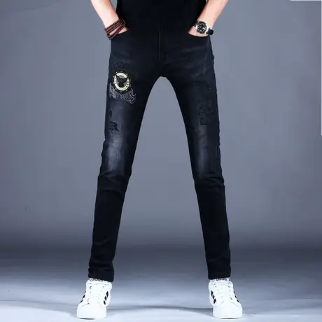 2023男士新款牛仔裤男黑色修身春秋刺绣花小脚裤百搭百搭男潮牌裤图片